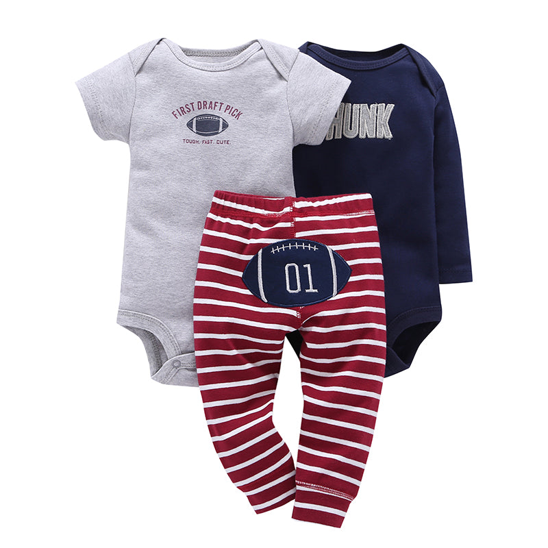 Baby Boy 100% Cotton 3pcs Bodysuit Set - Grey and Red