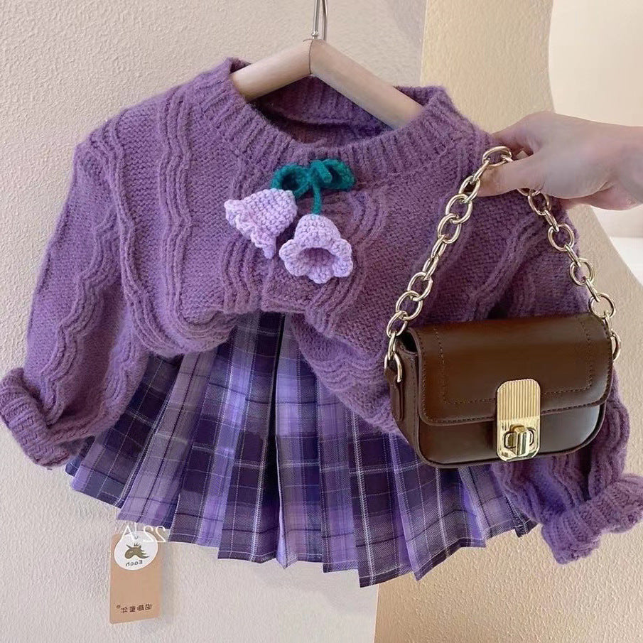 Girl Purple Knitted Top Skirt Set