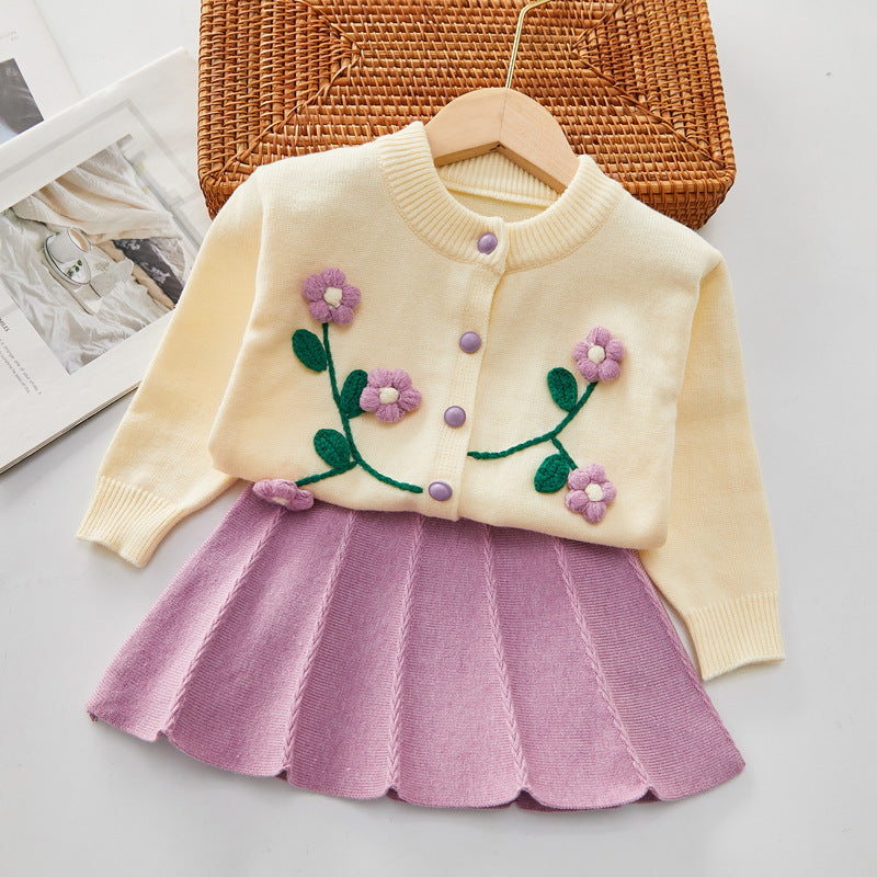 Girl Off White Knitted Top With Purple Skirt Set