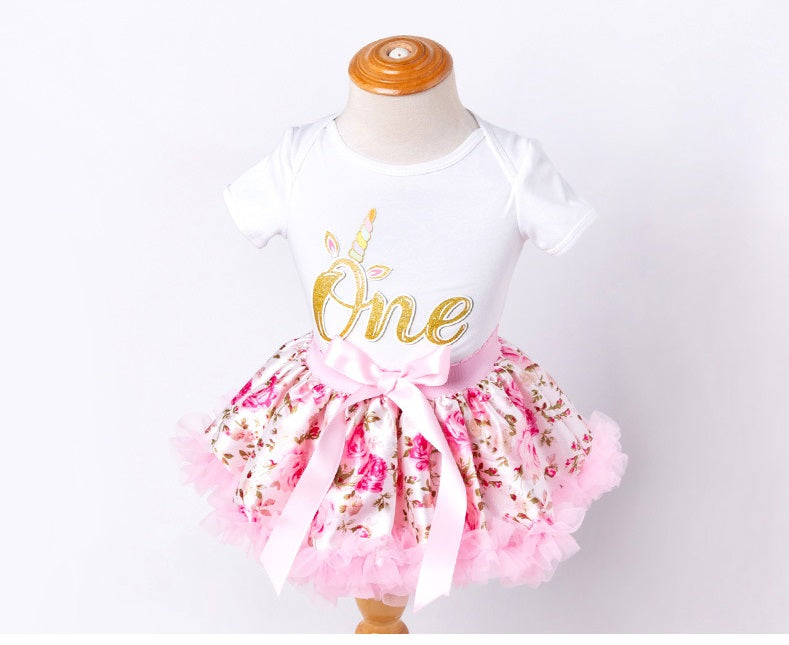 Baby Girl First Birthday Tutu Floral Skirt+Headband+Shoes