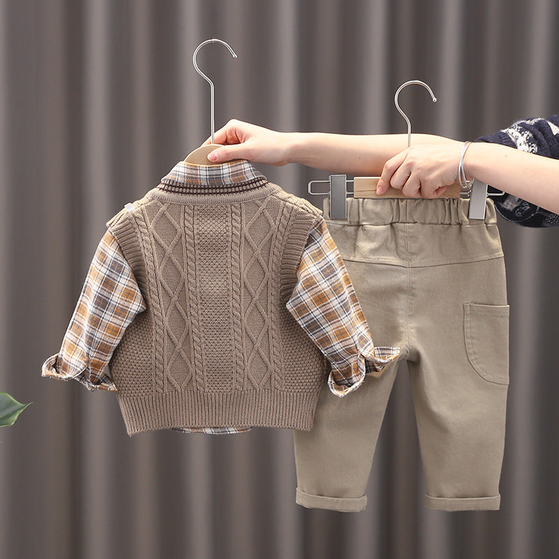 Little Boy Stylish Winter 3pc Brown Shirt Denim Sweater Set