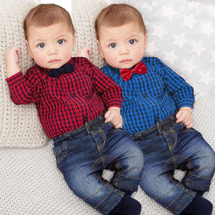 Baby Boy Formal Outfit Cotton Warm Long Sleeve Blue Top+Bow Blue Denim