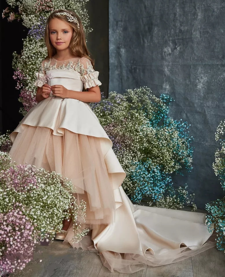 Made To Order Luxury Handmade Short Sleeves Satin Beaded 3D Lace High Low Flower Girl Dress