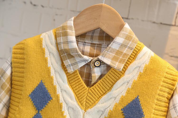 Little Boy Stylish Winter 3pc Yellow Shirt Denim Sweater Set