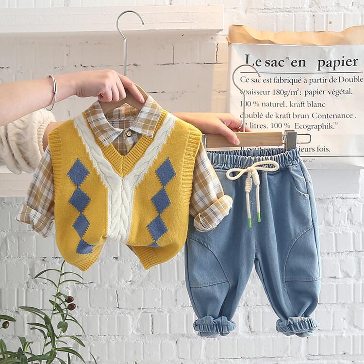 Little Boy Stylish Winter 3pc Yellow Shirt Denim Sweater Set