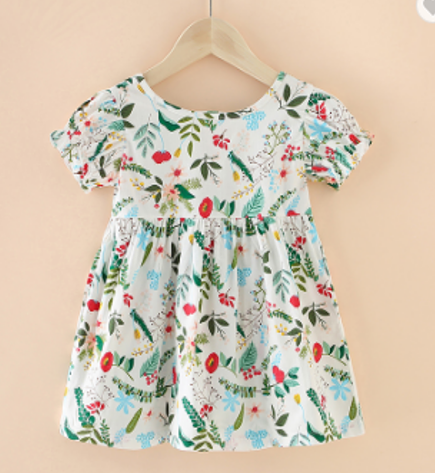 Girls Fashion Puffy Short Sleeve 100% Cotton Cute Green Print Dress