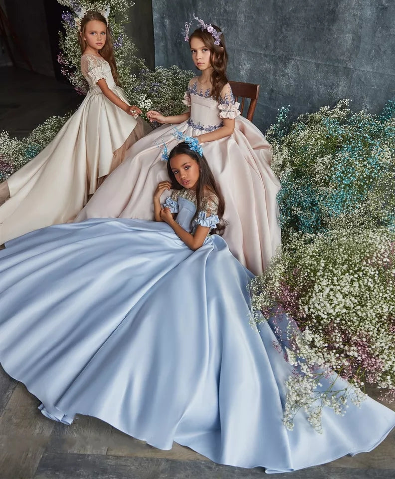 Made To Order - Luxury Handmade Blue Short Sleeves Satin Beaded 3D Lace Wedding Flower Girl Dress