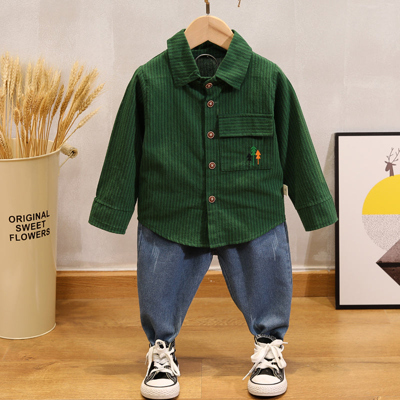 Boy Casual Look Cotton Long Sleeve Green Top Blue Denim