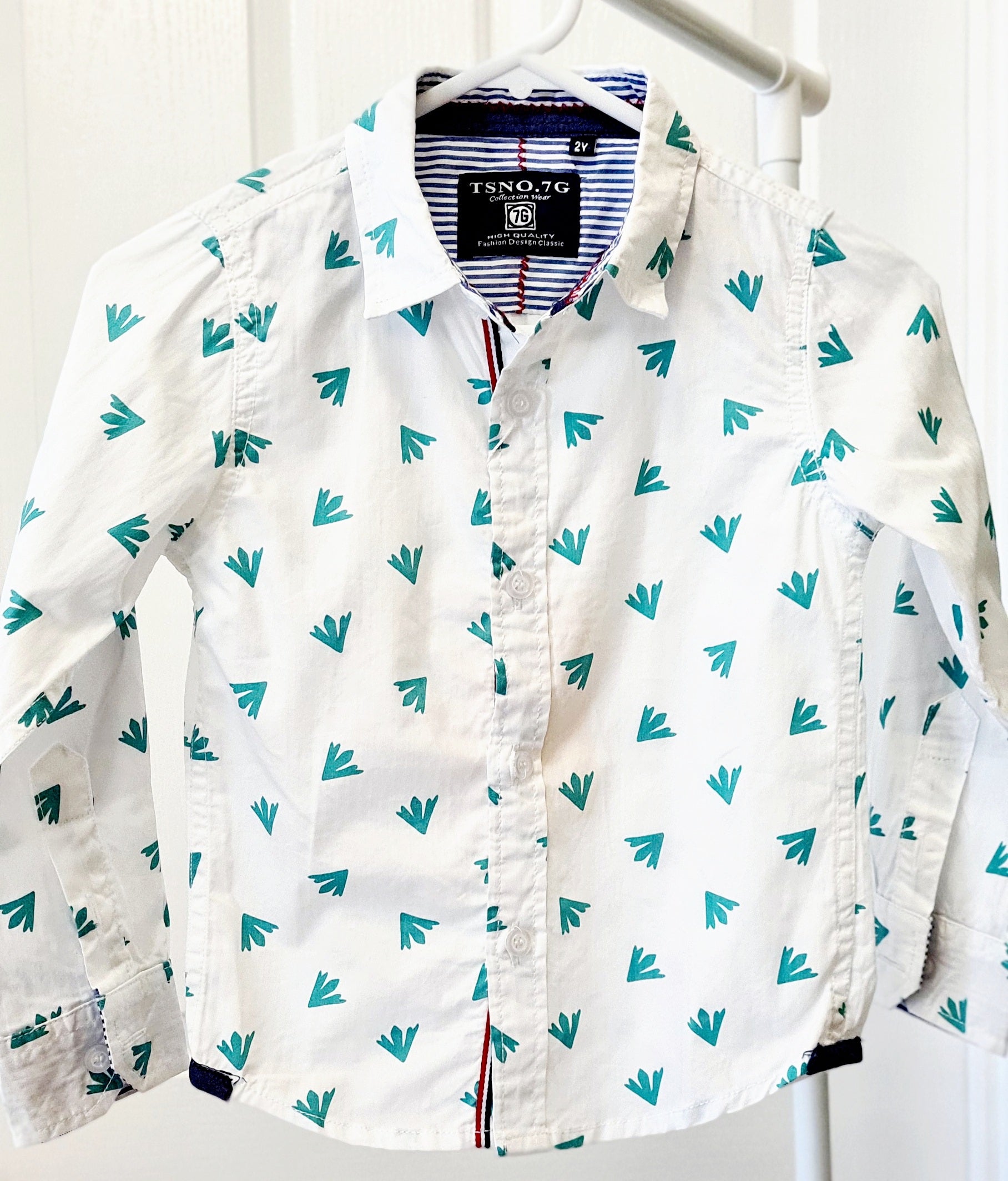 Boys Cotton Long Sleeve Green Printed White Shirt