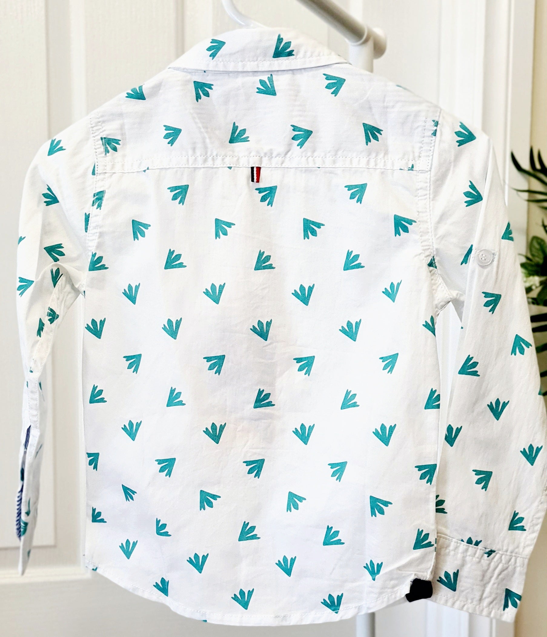 Boys Cotton Long Sleeve Green Printed White Shirt