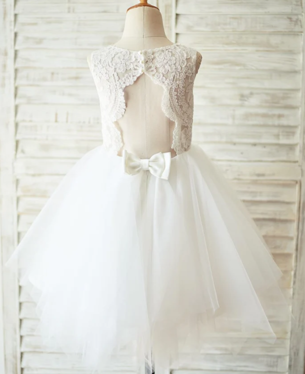 Lace Tulle Flower Girl Dress- Keyhole Backless