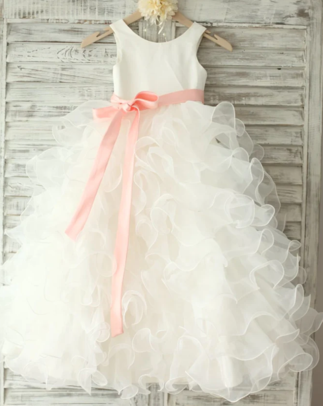 White Satin Ruffle Organza Skirt Dress