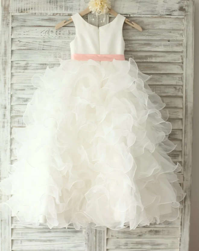 White Satin Ruffle Organza Skirt Dress