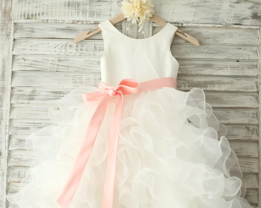 White Satin Ruffle Organza Skirt Dress