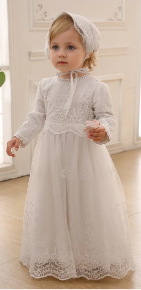 Baby Girl Christening Gown With Bonnet - Long Sleeves