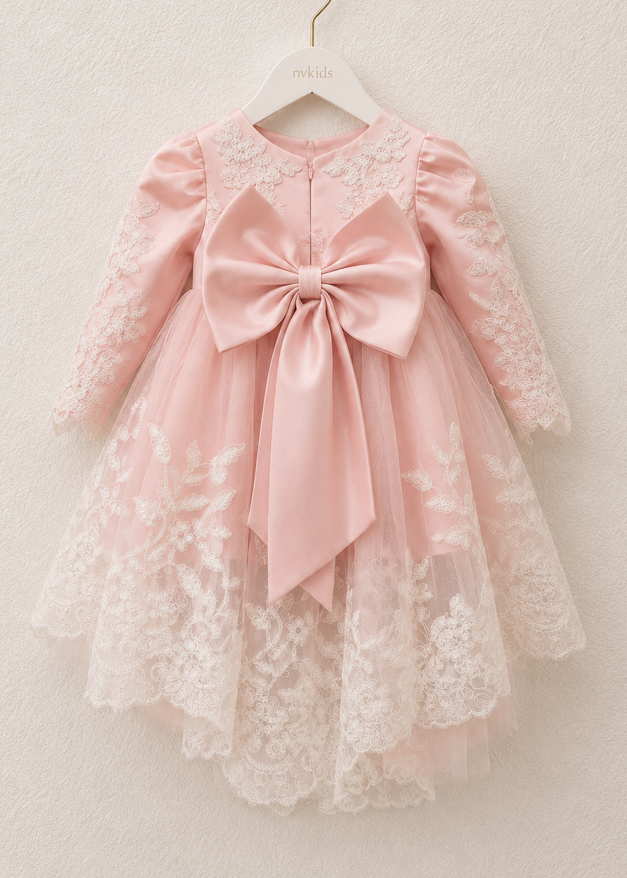 Baby Girl Full Sleeve Pink Dress With Sweep Train