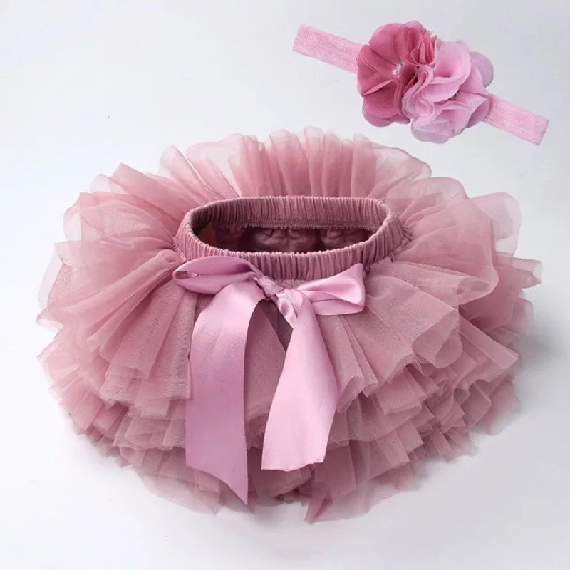 Baby Girls Tulle Tutu Bloomers Infant 2pcs Pink Short Skirts+Headband Set