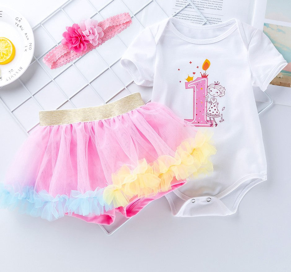 Baby Girl First Birthday Romper Tutu Skirt+Headband