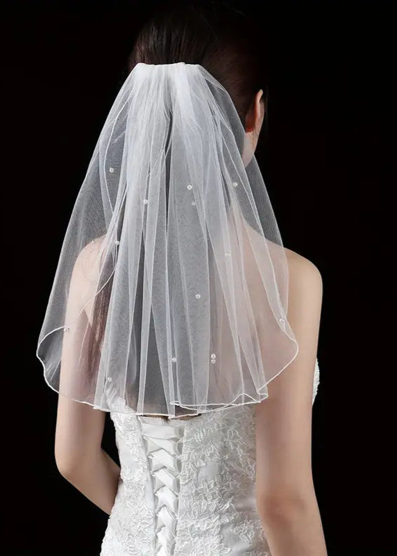 Girls White Veil With Pearls - Short Veil