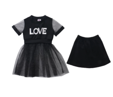 Girls Summer Outfits Short Sleeve LOVE Letter Printed T-shirt Dress Black Mesh Skirt