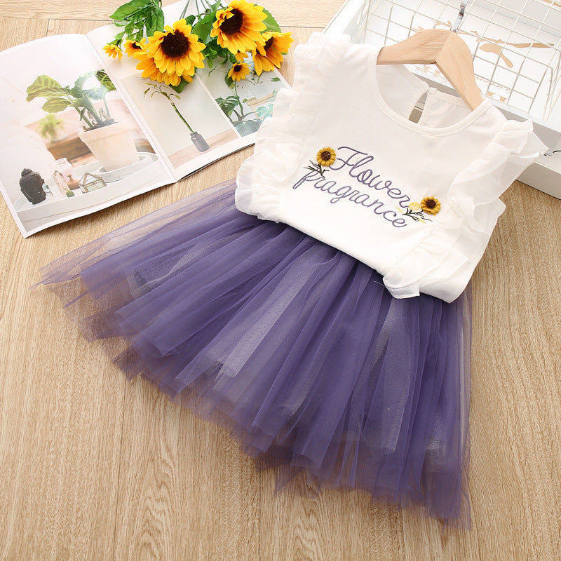 Girl White Top Purple Skirt 2pcs Set