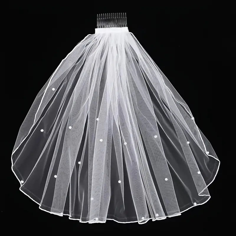 Girls White Veil With Pearls - Short Veil