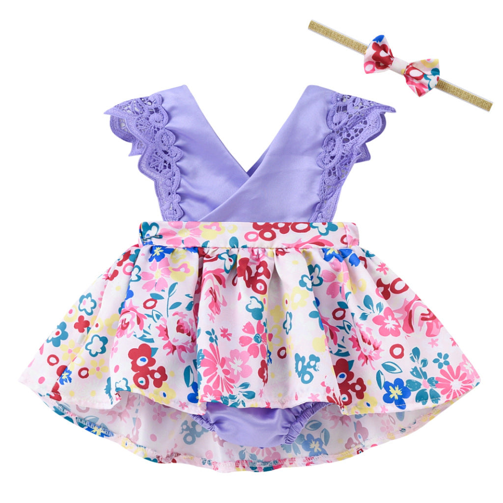 Baby Girl Purple Floral Romper With Headband