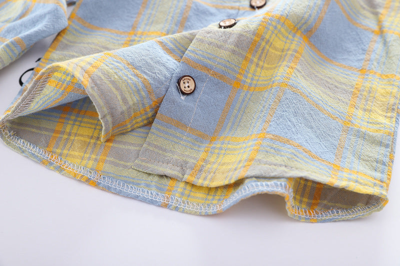 Boys Clothes Set Cotton Long Sleeve Yellow Check Shirt + Overall Demin Outfit