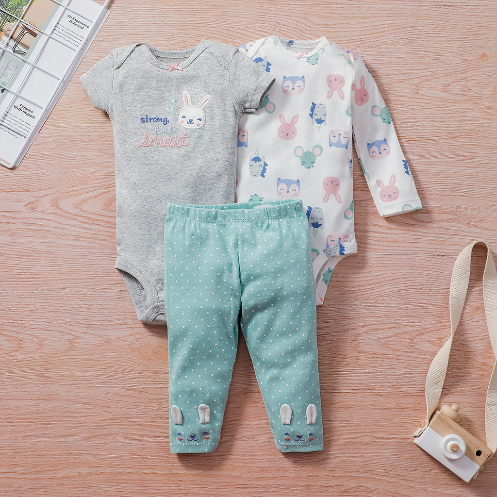 Summer Baby Girl Cotton 3 Piece Bodysuit Set - Grey and Green