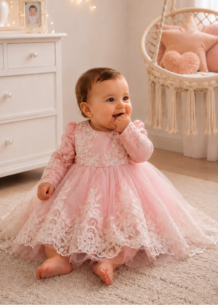 Baby Girl Full Sleeve Pink Dress With Sweep Train