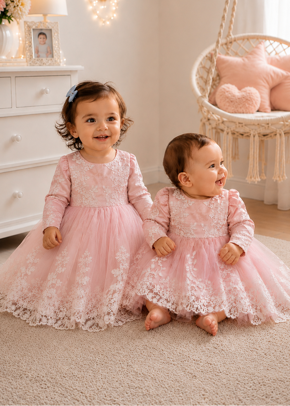 Baby Girl Full Sleeve Pink Dress With Sweep Train