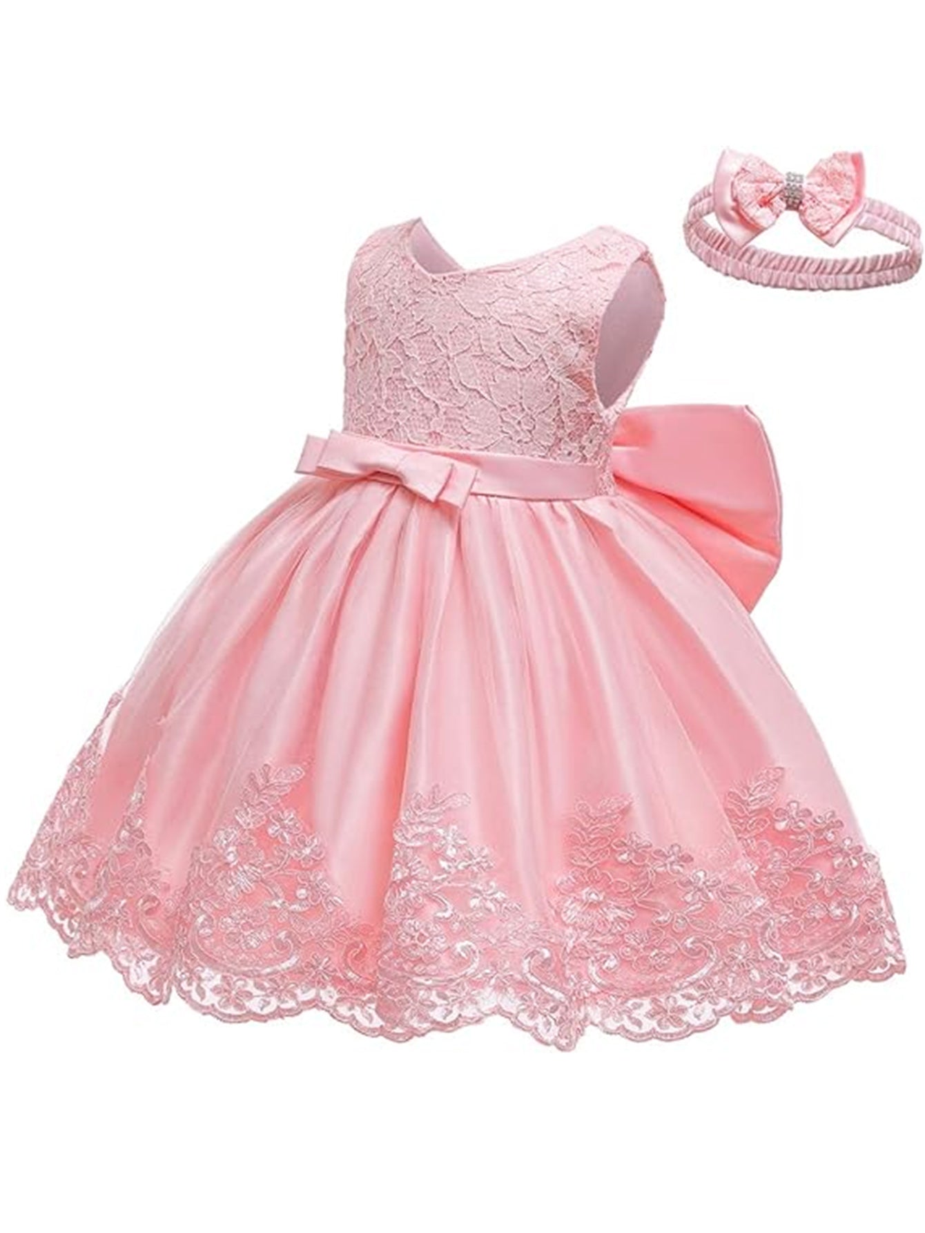 Baby Girl Lace Dress With Headpiece - Peach Dress