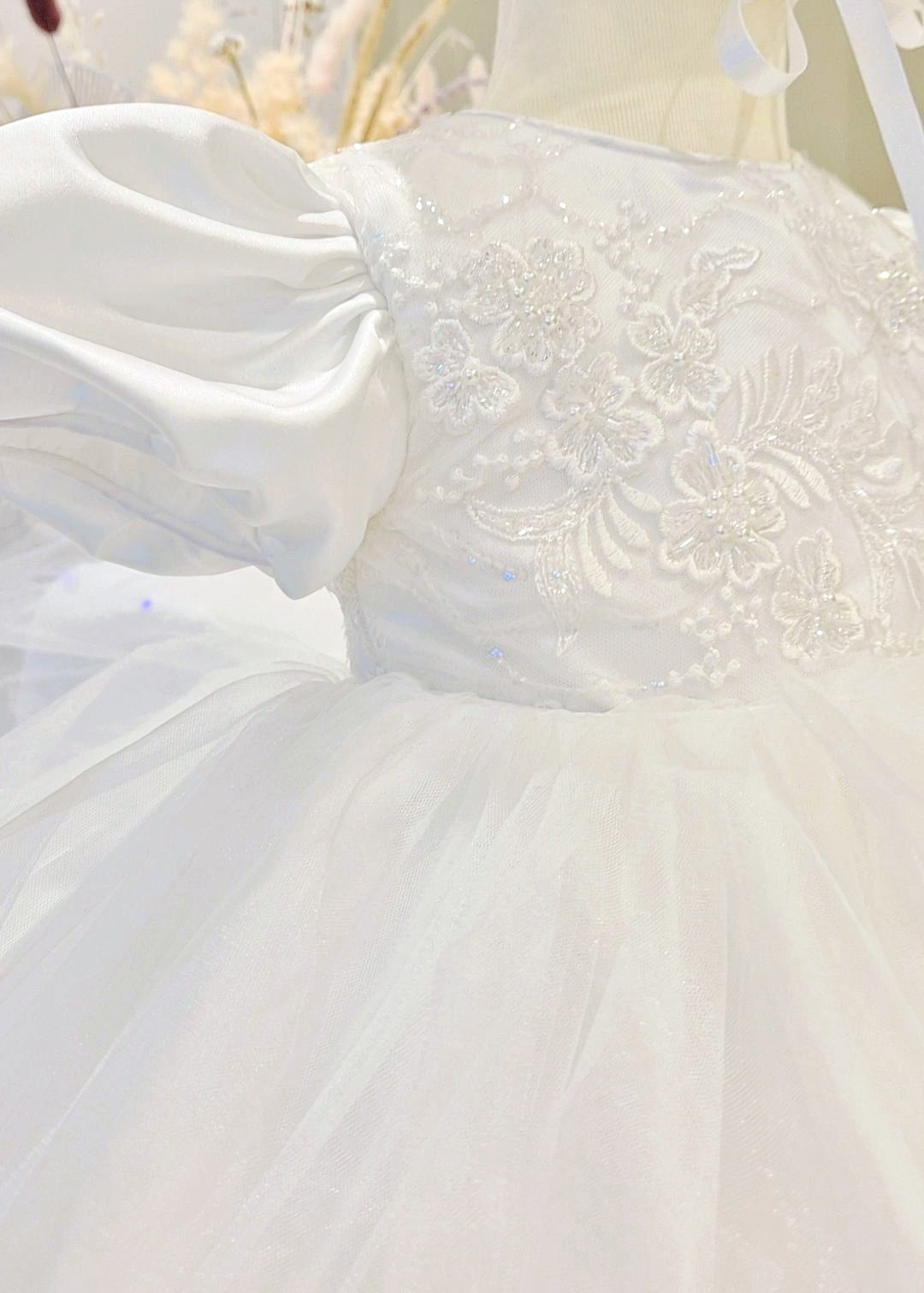 Baby Girl Pearled Lace With Tulle Skirt Christening Set