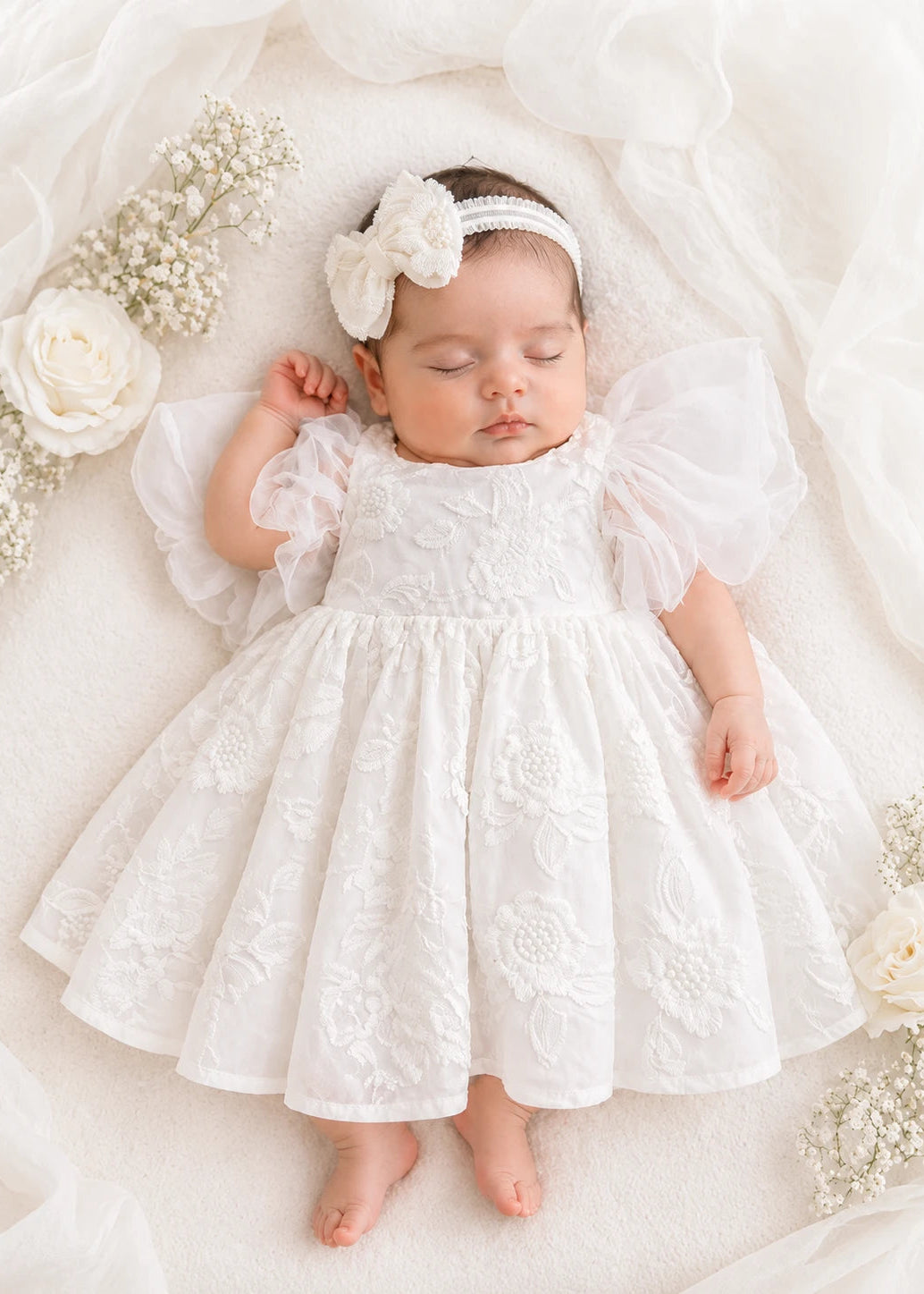 Baby Girl Puffy Sleeve Lace Romper Dress With Headpiece