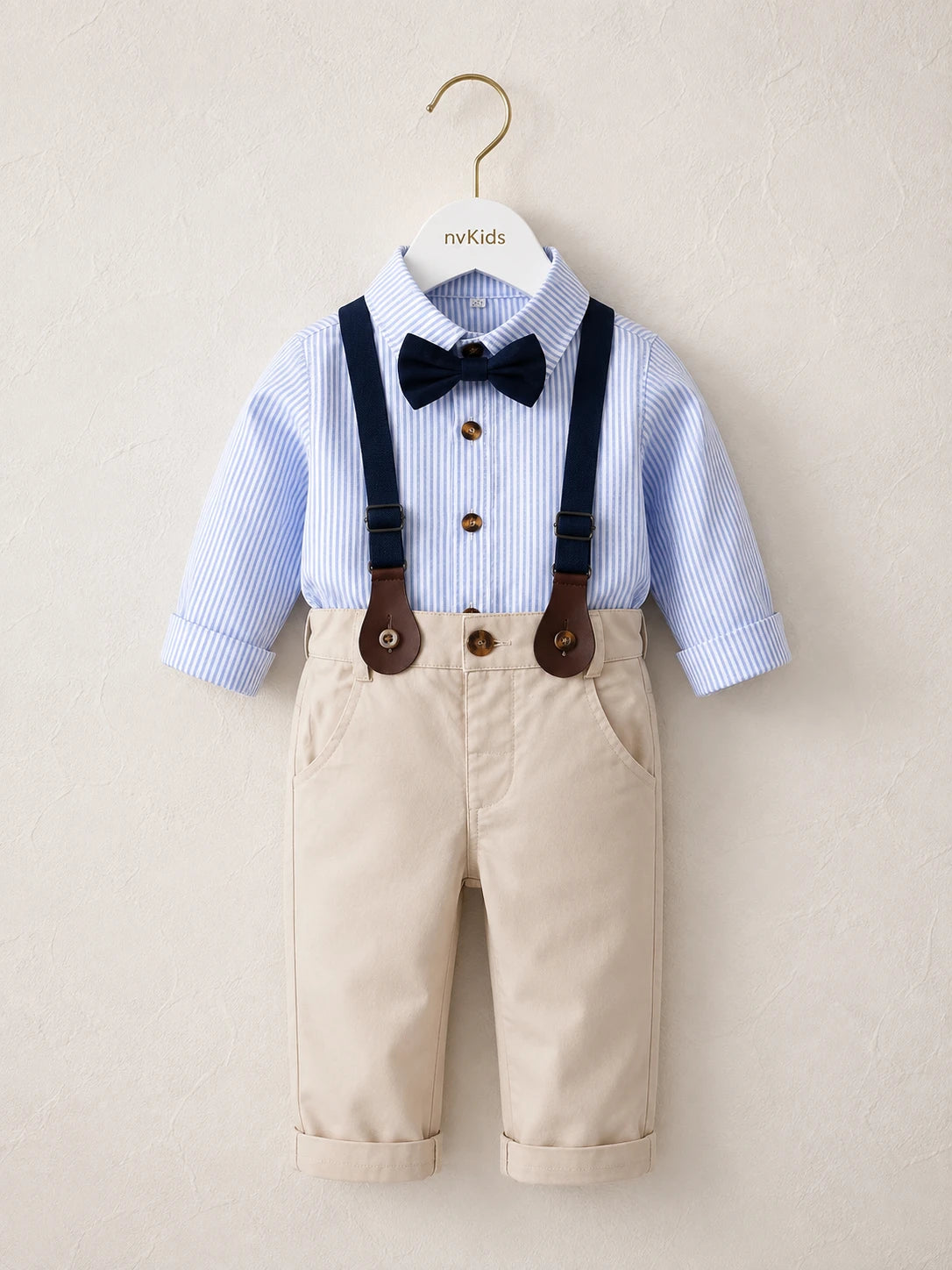 Little Boys Blue Shirt Beige Pants Set