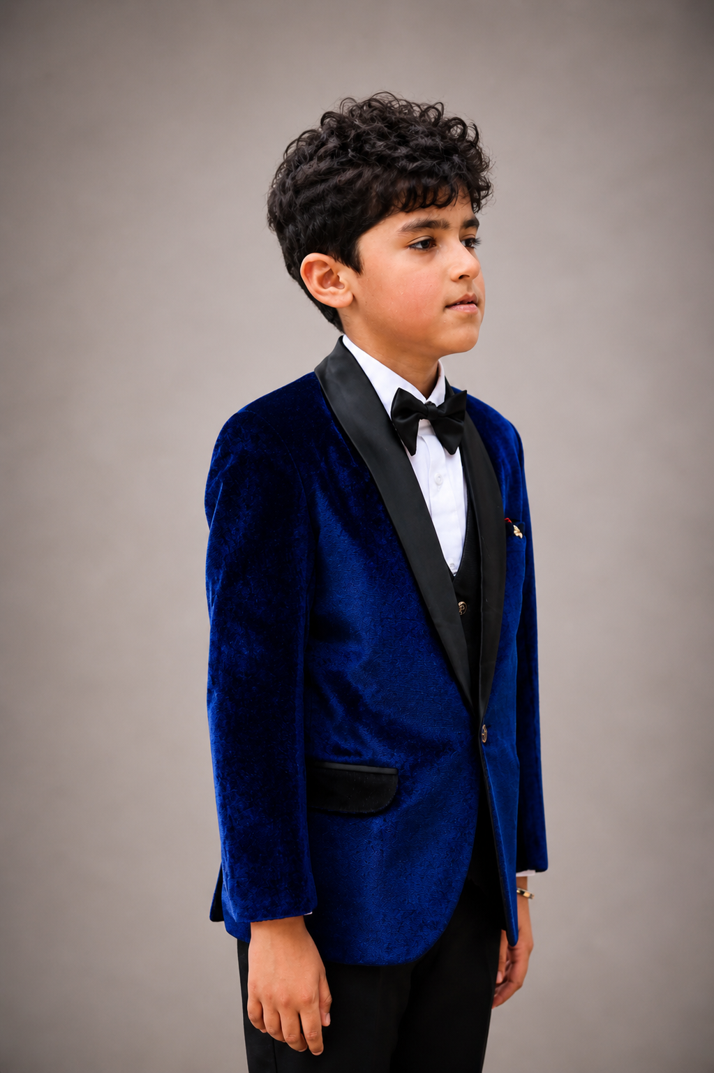 Boys Page Boy Blue Tuxedo 5Pc Set - Velvet Suit