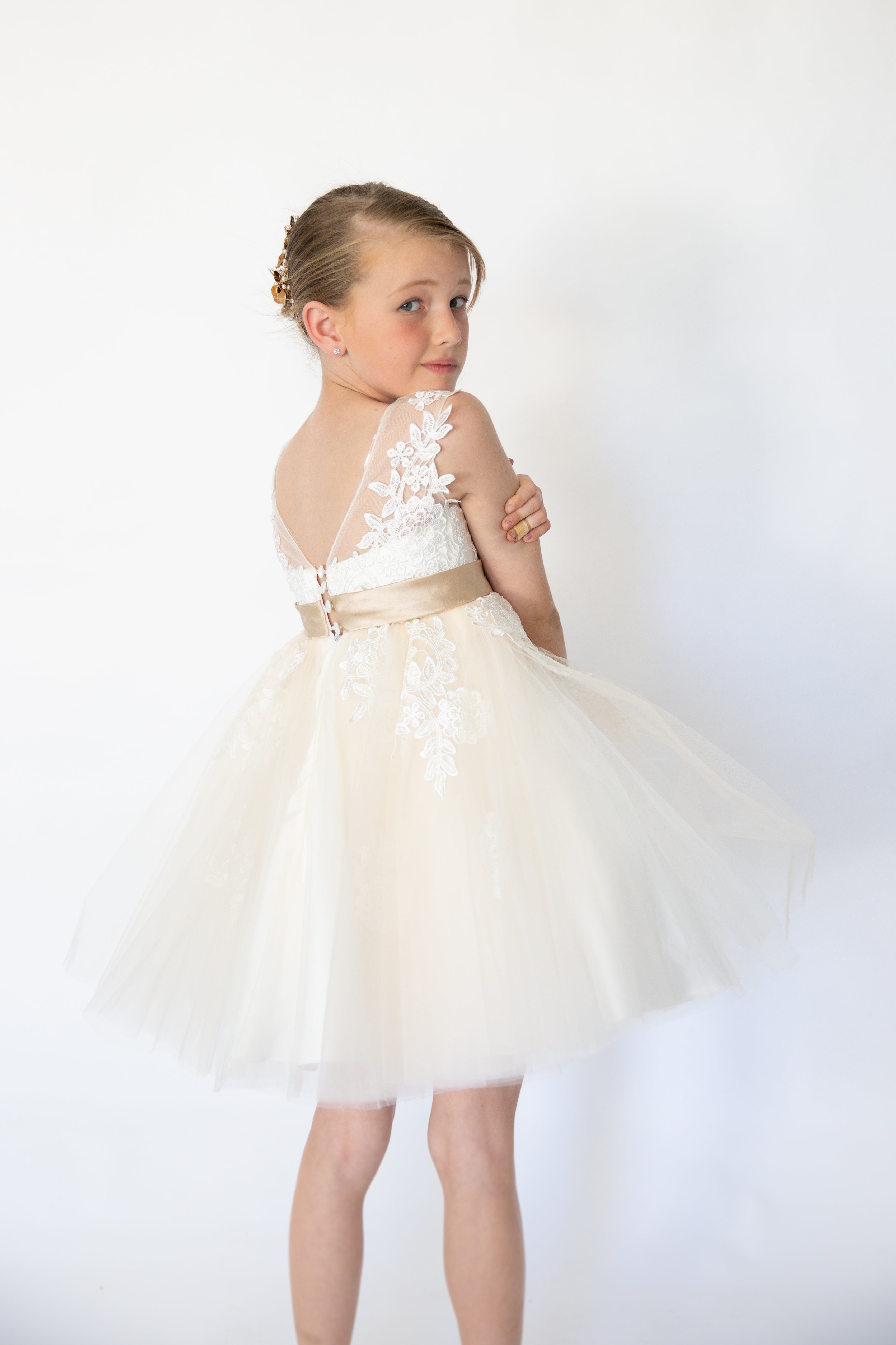Champagne Flower Girl Dress With Lace appliques