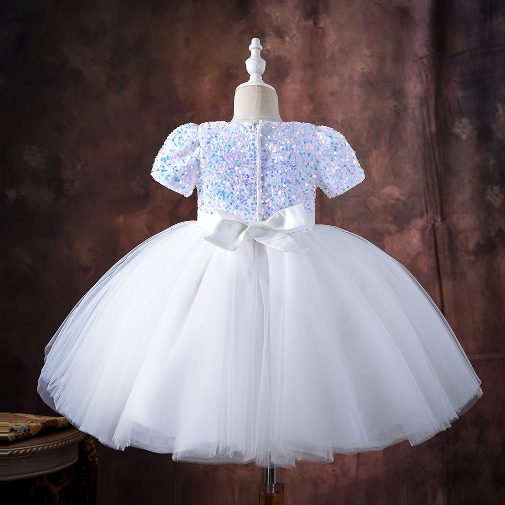 Heavy Flared Puffy White Soft Sequin Dress With Headband