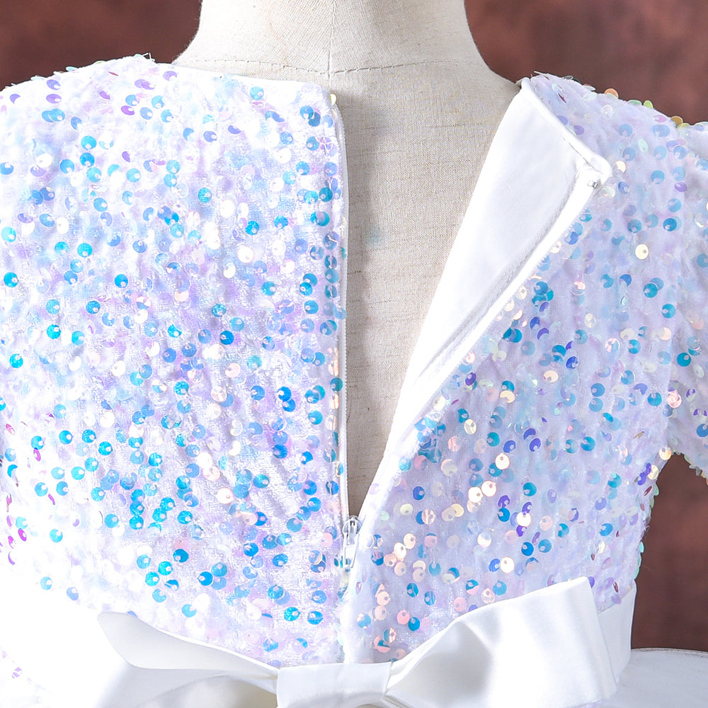 Heavy Flared Puffy White Soft Sequin Dress With Headband