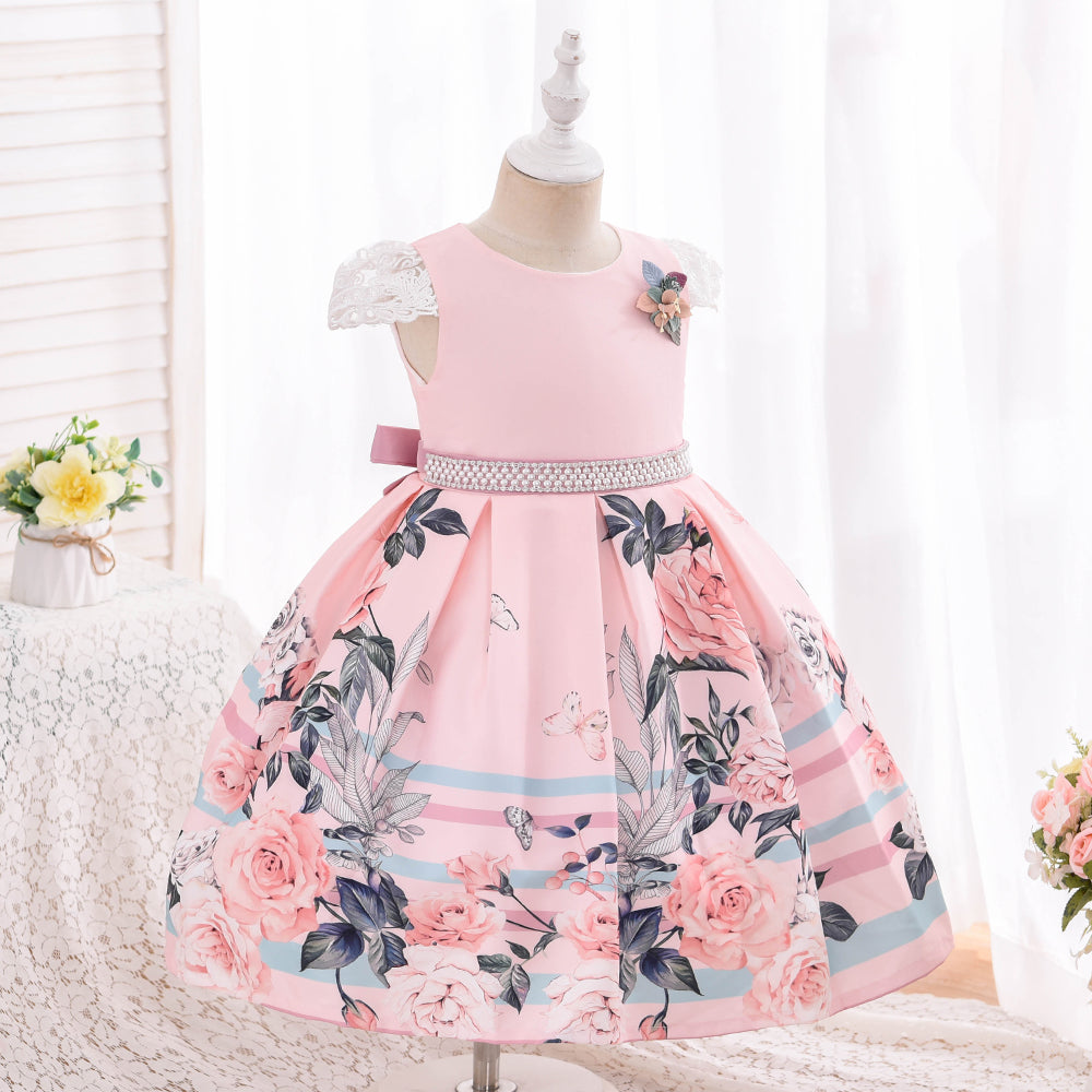 Girls Dress Waist Flower Decoration Print Party Peach Dress