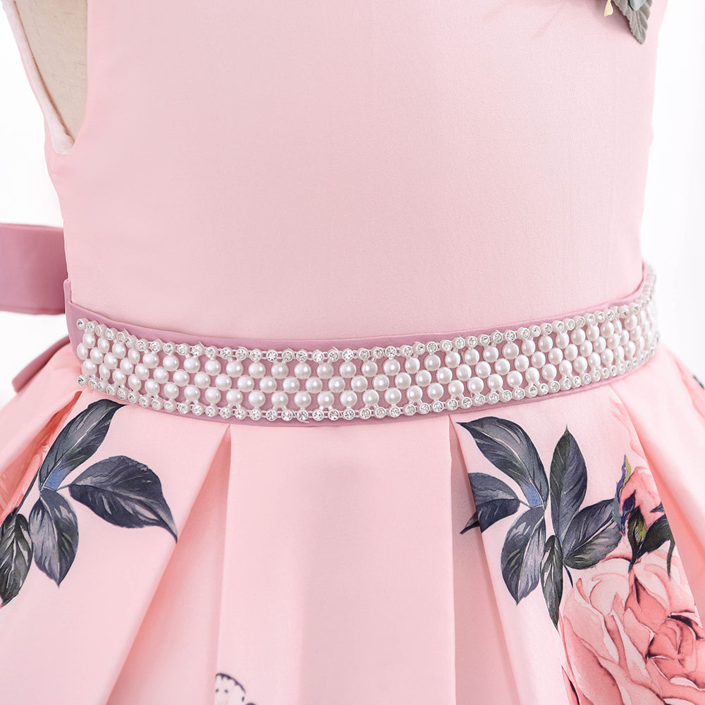 Girls Dress Waist Flower Decoration Print Party Peach Dress