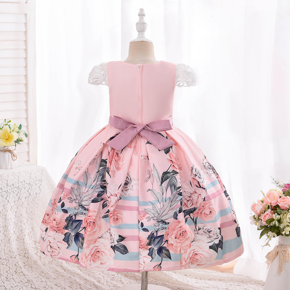 Girls Dress Waist Flower Decoration Print Party Peach Dress