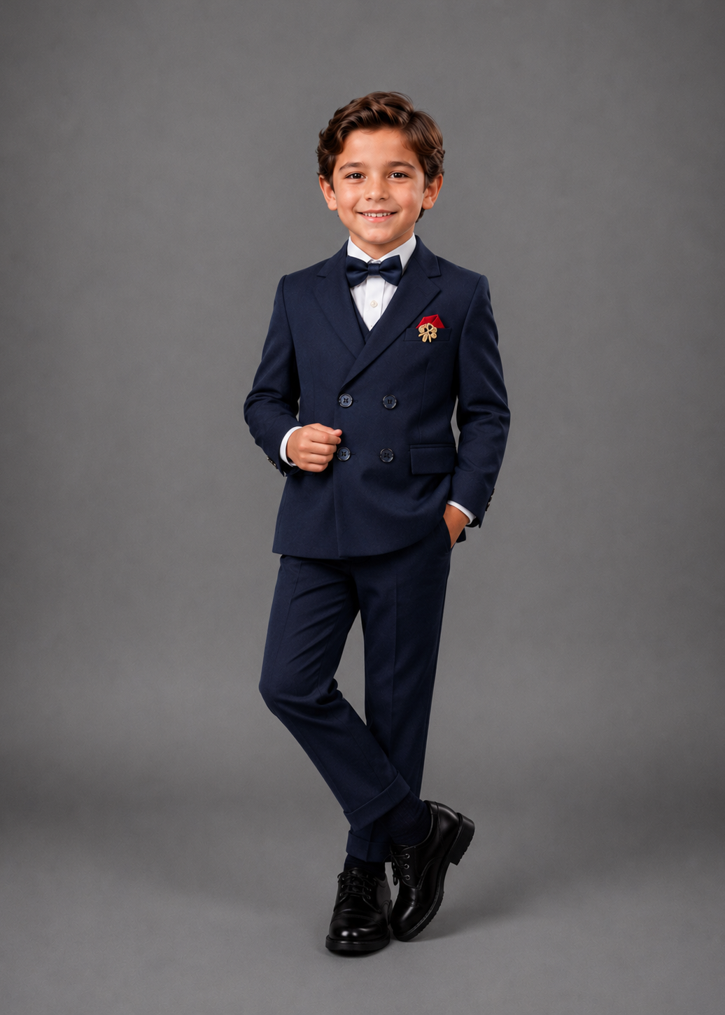 A young boy modeling a navy blue double-breasted suit with a matching navy bow tie, white dress shirt.