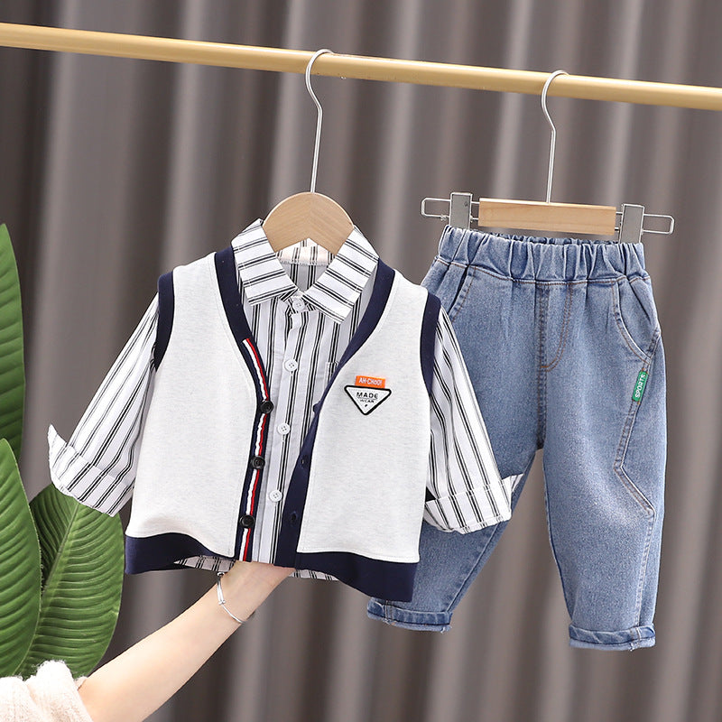 Boys Stylish Cute Winter 3pc Shirt Pants Cardigan Set