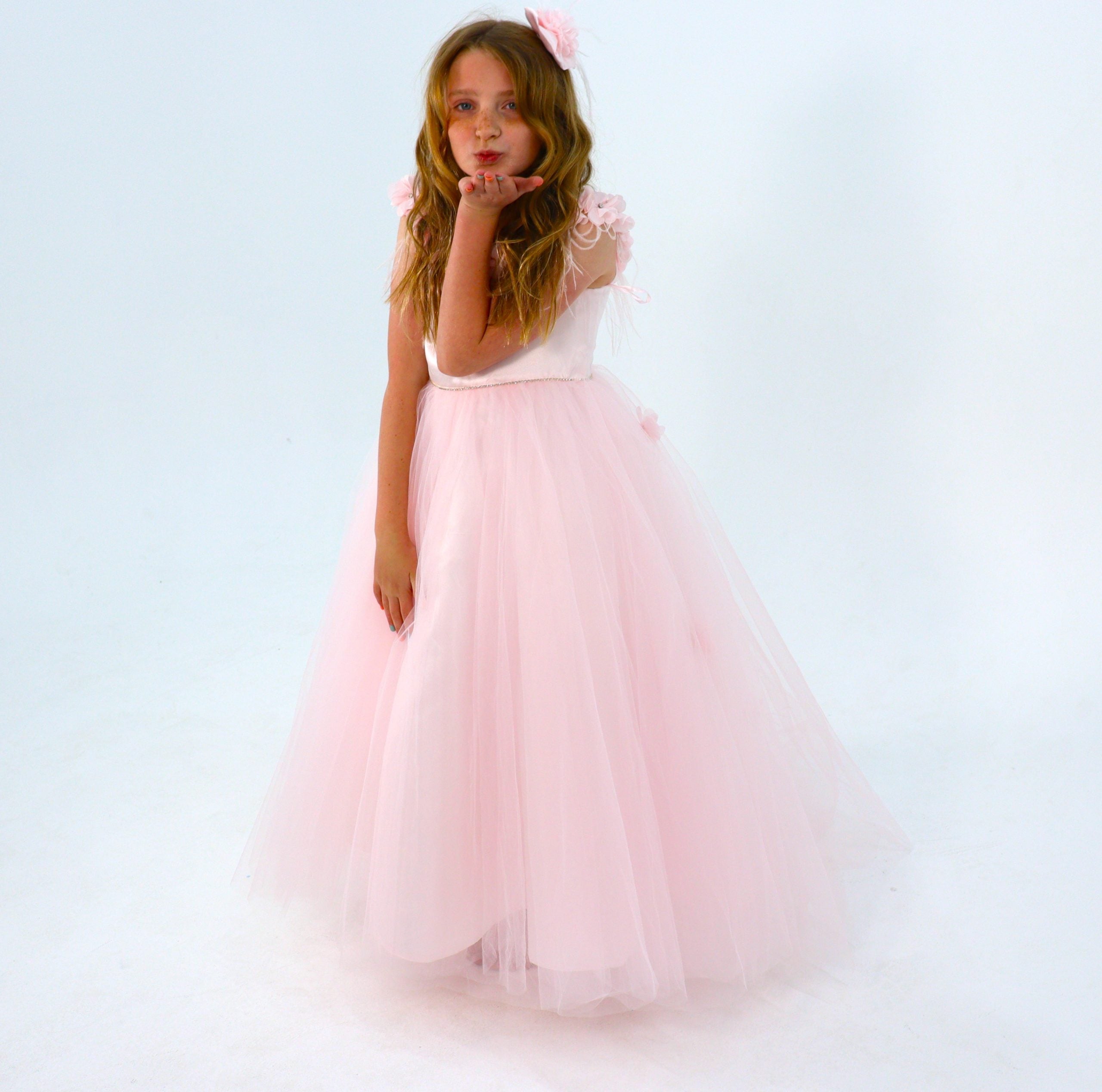 Luxury Handmade Formal Pink Flower Girl Dress With Head Piece