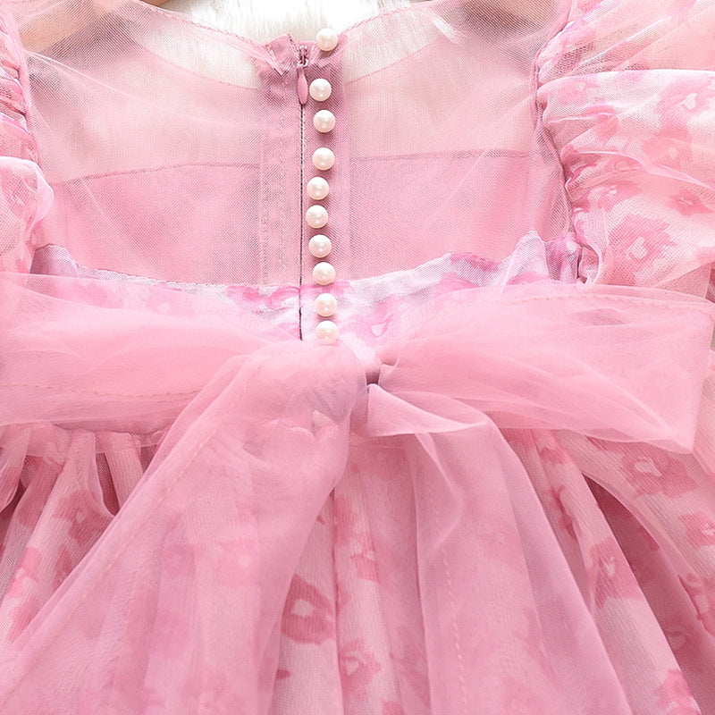 Girls Pink Dress With Headband - Flower Print