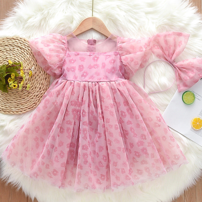 Girls Pink Dress With Headband - Flower Print