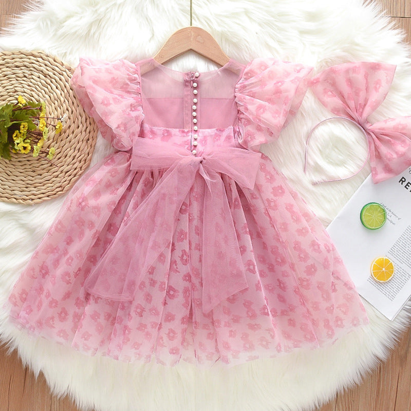 Girls Pink Dress With Headband - Flower Print