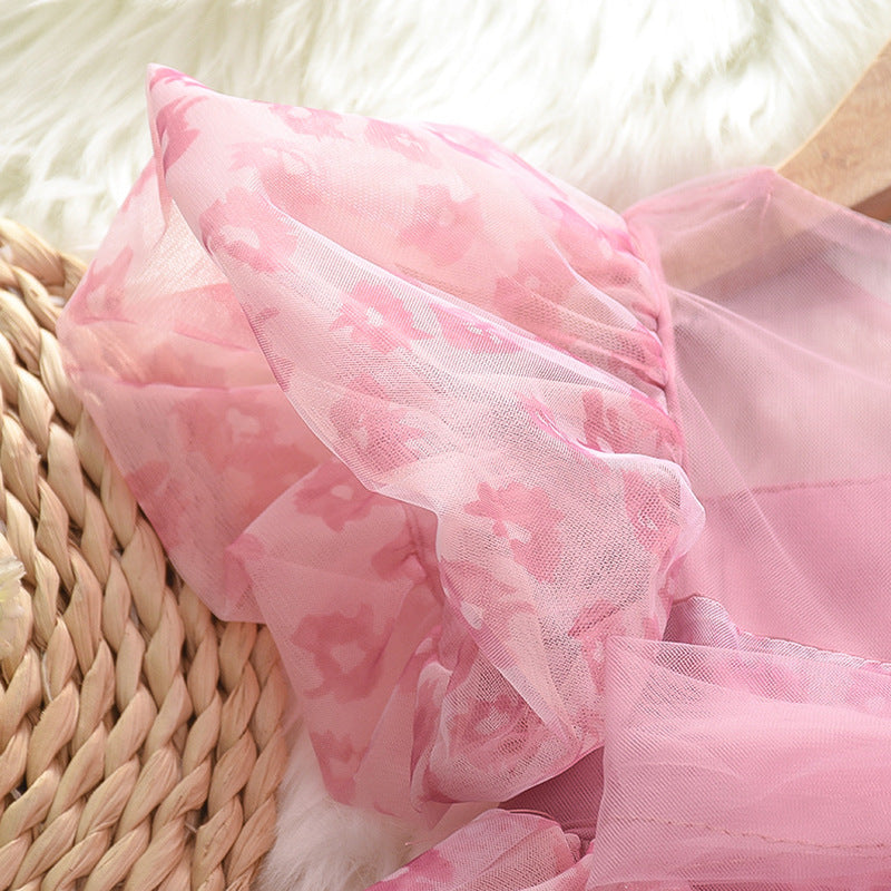 Girls Pink Dress With Headband - Flower Print