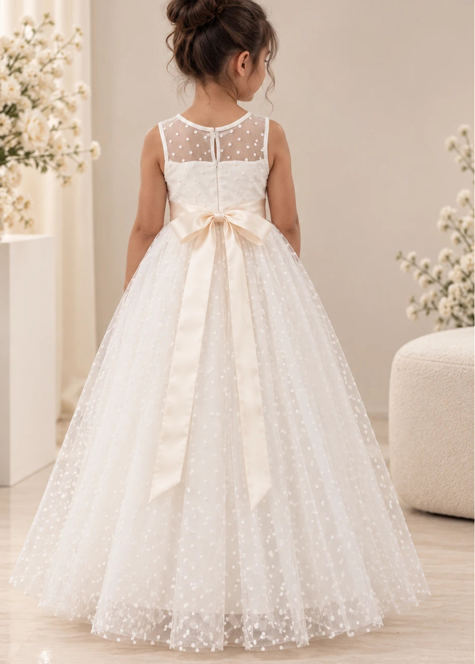 Flower Girl Dress Ivory - Sheer Neck Polka Dot Tulle Dress